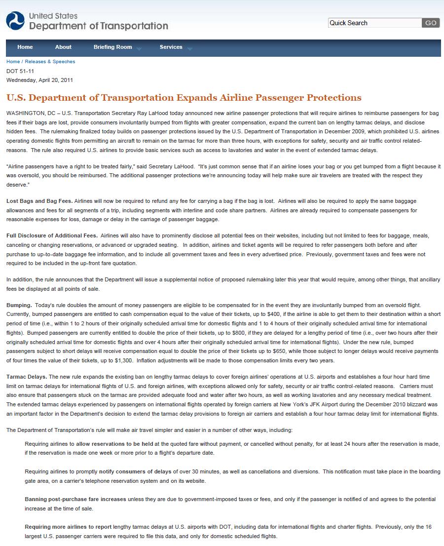 Appendix B U.S. Department of Transportation Press Release Source: United States Department of Transportation. U.S. Department of Transportation Expands Airline Passenger Protections.