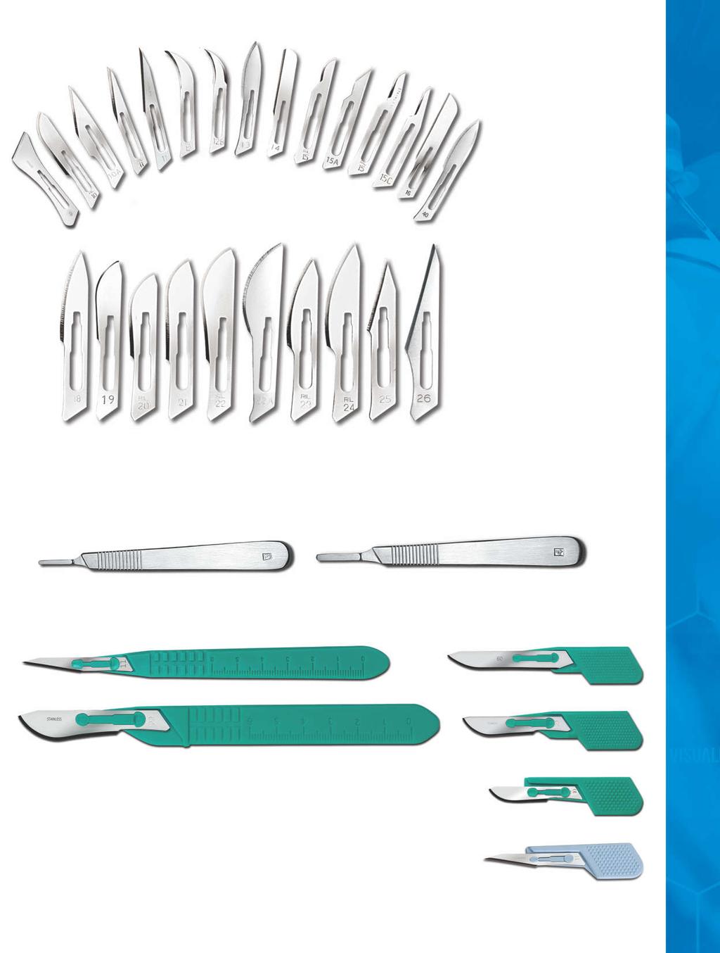 SURGICAL BLADES Available in both stainless and carbon steel. Numbers 10, 10A, 11, 11P, 12, 12B/12D, 13, 14, 15, 15T, 15C, 15A, 16,17, 40 fit handle numbers 3, 3L, 5, 7 & 9.