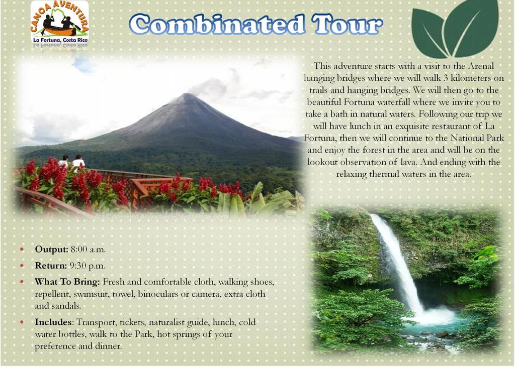 This adventure starts with a visit to the Arenal hanging bridges where we will walk 3 kilometers on trails and hanging bridges.