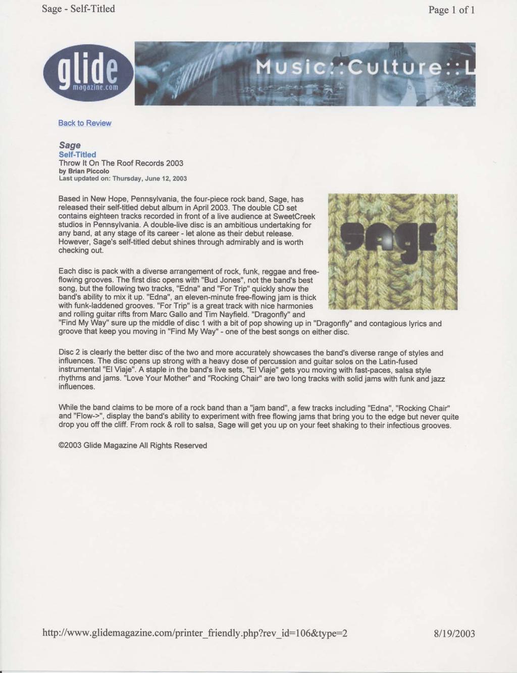Piccolo, Brian. CD Review. Glide Magazine. 12 Jun.