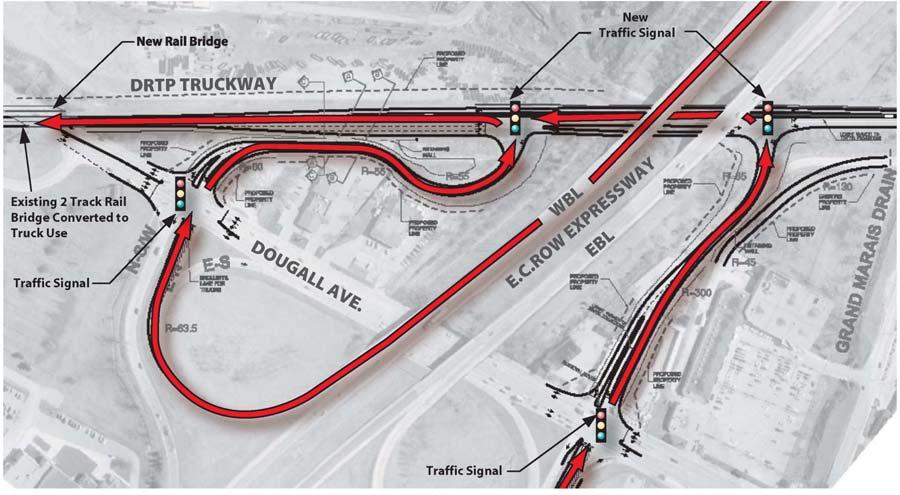 Connections between the truckway and E.C. Row Expressway would have to be made via Dougall Avenue. For example, a northbound trucker on E.C. Row Expressway westbound would have to exit at Dougall
