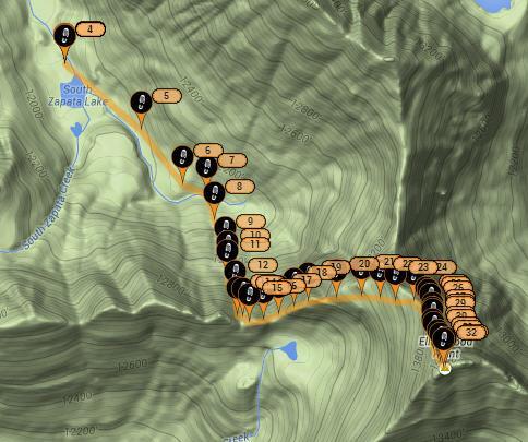 SPOT tracking showing our whole route: around the lake, across the boulder field, up the loose C2 gully, across the West Ridge and up the North Ridge to summit.