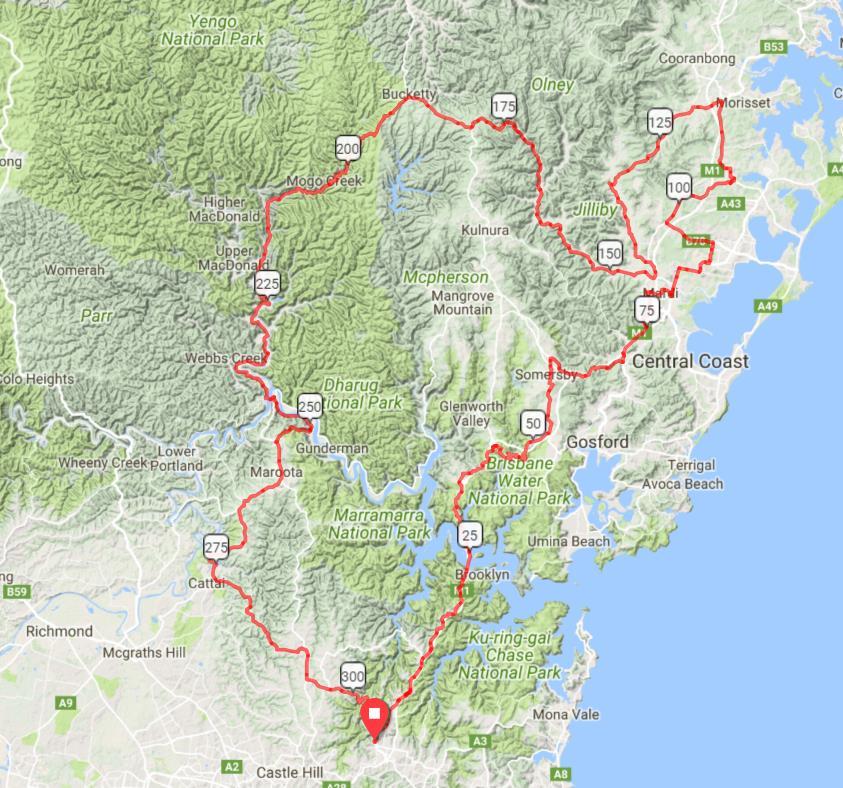 300km Route Checkpoint Locations: Checkpoint Distance Covered Opening Times Jersey Street, Hornsby 0 kilometres 6:00 Wyong 84.
