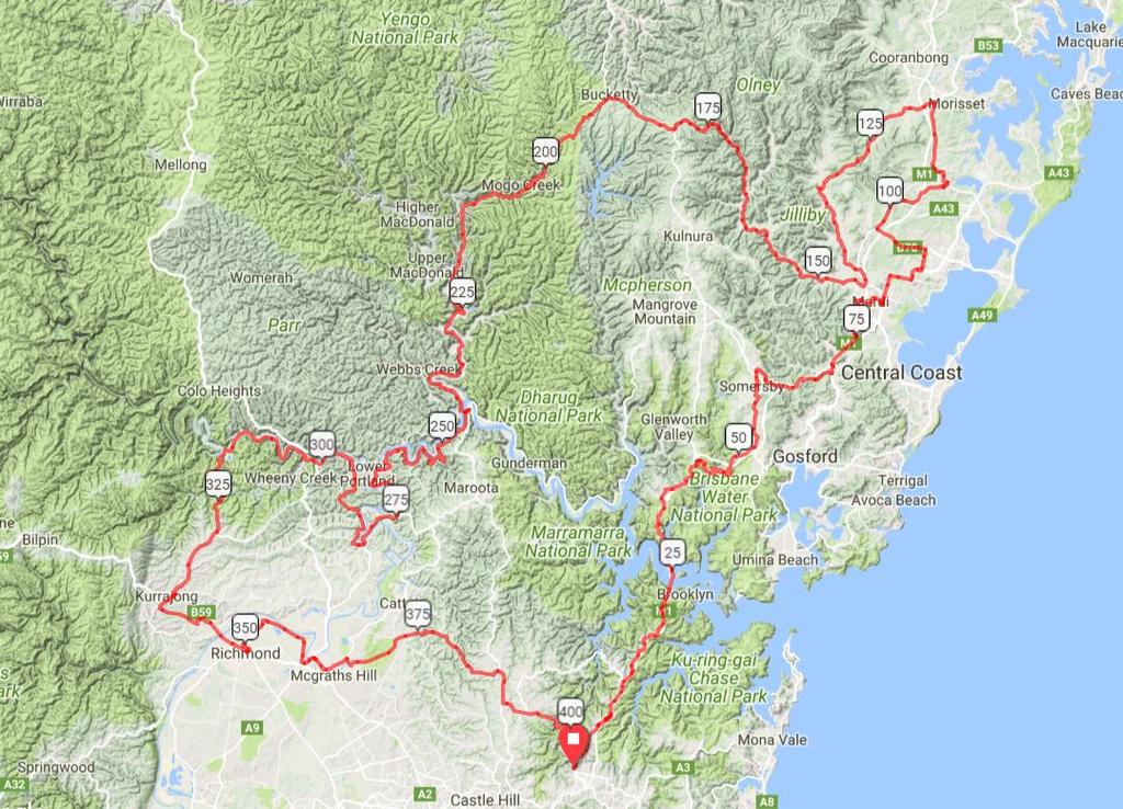 400km Route Checkpoint Locations: Checkpoint Distance Covered Opening Times Jersey Street, Hornsby 0 kilometres 6:00 Wyong 84.
