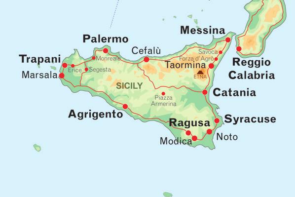 PALERMO > PALERMO Sicily Tour 8 days / 7 nights Palermo > Monreale > Segesta > Trapani > Agrigento > Piazza Armerina > Catania > Etna > Taormina > Siracusa > Noto > Messina > Cefalù > Palermo +13