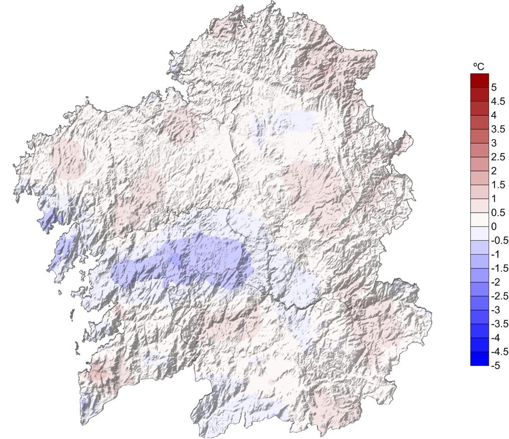 4.3. Anomalía de temperatura media con respecto ao período 1971-2000. A anomalía no conxunto de Galicia no mes de marzo de 2015, foi de 0.