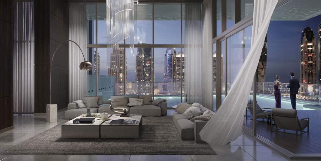 The penthouses offer some of the most spectacular living spaces available in Dubai. Each boasting a private built-in cantilevered infinity pool and an expansive open-air entertainment terrace.