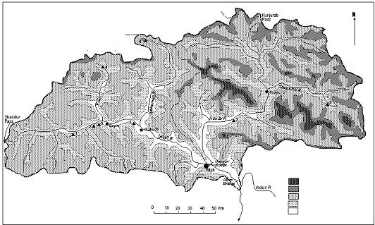 Study Area: Gilgit Basin Monthly runoff and precipitation comparison Inter-station and seasonal precipitation variability Area(%) >6000 m 4.1 >5000 m 29.8 >4000 m 66.8 >3000 m 84.5 >2000 m 92.