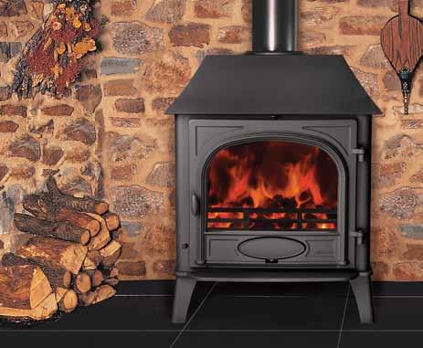 This multi-fuel version of the low canopy, single door Stockton 8 is fitted with the optional multifuel kit. The stove is shown here in Matt Black burning smokeless fuel.