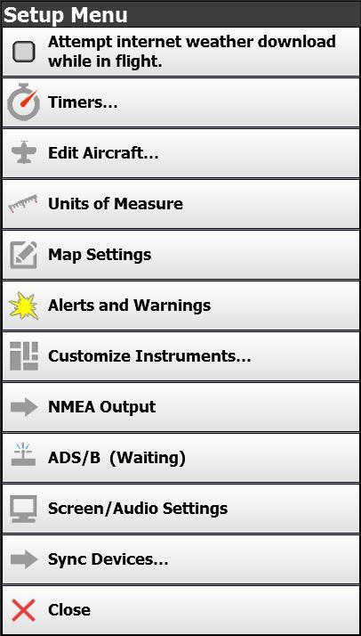 Setup (As of iflygps version 10.4, Setup is only accessible from the Menu button) Timers Create, start, stop, and delete custom timers such as Fuel Time, O2, Time Approach, etc.