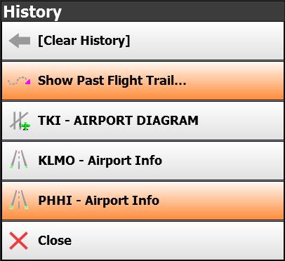 History Toggle between charts, previously viewed airport details and more. Items are automatically added to history as they are viewed during normal use. Items used most recently are shown first.