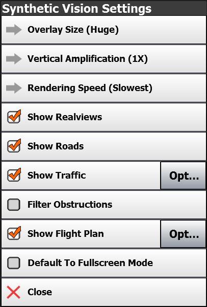 Synthetic Vision Settings Touching the gear next to EFIS will also open the settings menu. Overlay Size Select the size of the attitude indicator.