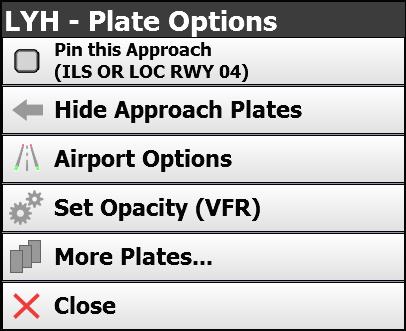 The Plate Options menu includes several options to make navigation plates easier: Pin this Approach: Adds the plate to the Flight Plan form for easy retrieval later.
