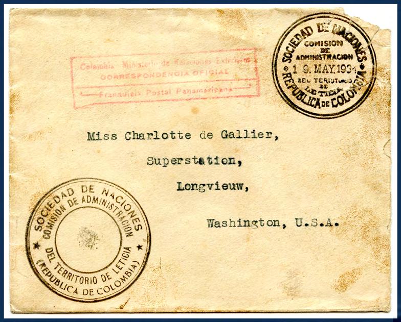 Nine recorded examples of official service mail from the Leticia Commission Official mail (1) from Secretary of the Commission for the Territory of Leticia (2),