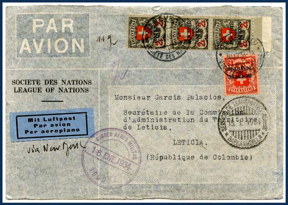Incoming League Mail to Leticia Commission Mail from the League of Nations in Geneva, Switzerland to the Commission in Bogotá was routed via commercial