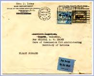 Only recorded example of official service mail to the Leticia Commission military advisor Penalty envelope of Judge Advocate General (1), War Department, Washington, D.C., 20 November 1933 (2) to U.S.