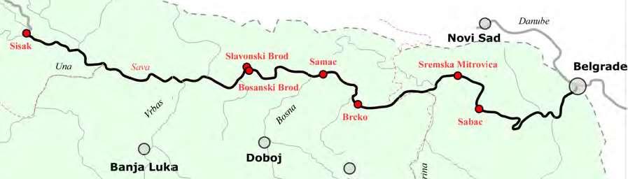Kroz teritoriju Srpske, rijeka Sava protiče u dužini od oko 205 rkm (riječna kilometra), i to: od 178 do 212+500 rkm; od 312+700 do 314 rkm (kod Šamca) i od 346+750 do 515+360 rkm 7.