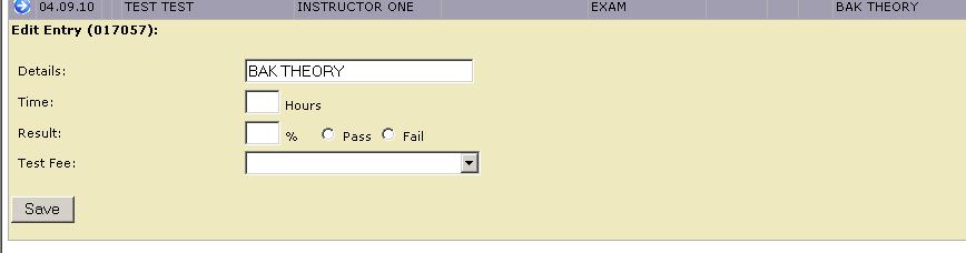 By selecting Exam as the hire type the following screen will appear: From this screen, you can enter the time that the student took to complete the examination, together with their result