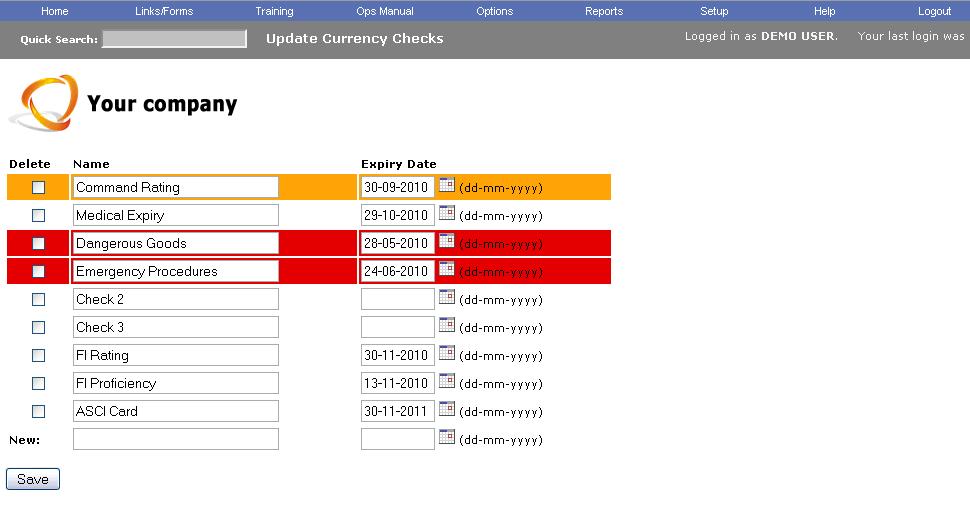 Update Currency Checks (Built-in) The FlightCRM software keeps track of flight crew currency checks and reminds them when upcoming ones are due.