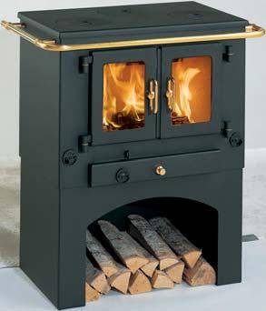 The cook stove trim comes in brass and the two doors are supplied with gold handles.
