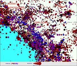 Slika 2.4. Karte epicentara zemljotresa magnitudom iznad 2.0 (jedinice Rihterove skale) koji su se u širem regionu Prijestonice Cetinje (zelena linija) dogodili u periodu od XV do XXI v.