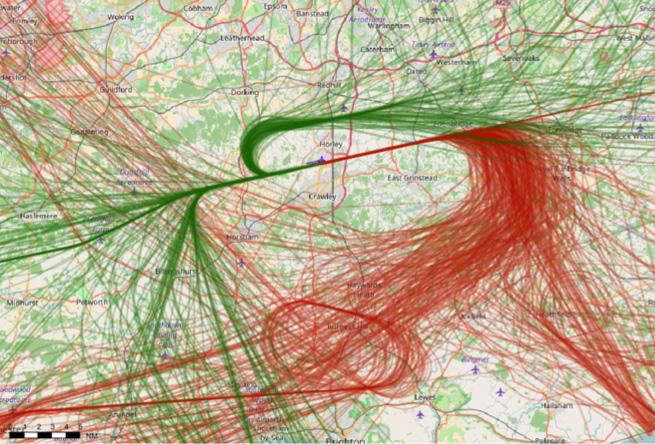 AIR traffic data WHERE AIRCRAFT FLY Large parts of Kent, Surrey and Sussex are overflown by Gatwick traffic as they may be beneath the departure routes or arrival swathes.