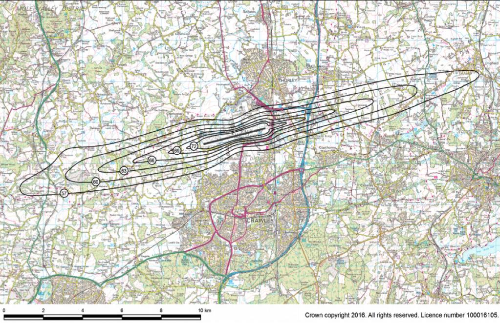 AIRCRAFT Noise and Community Monitoring NOISE CONTOURS In the UK, Government research indicates that people start being concerned by aircraft noise at 57dB, averaged over 16 hours (57dB LAeq).