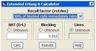 12.2. Prošireni (extended) Erlang B kalkulator Uključena je dodatna mogućnost specificiranja Recall Factor-a (postotak korisnika koji nakon neuspjeha odmah pokušavaju ponovo dobiti uslugu (slika 9),