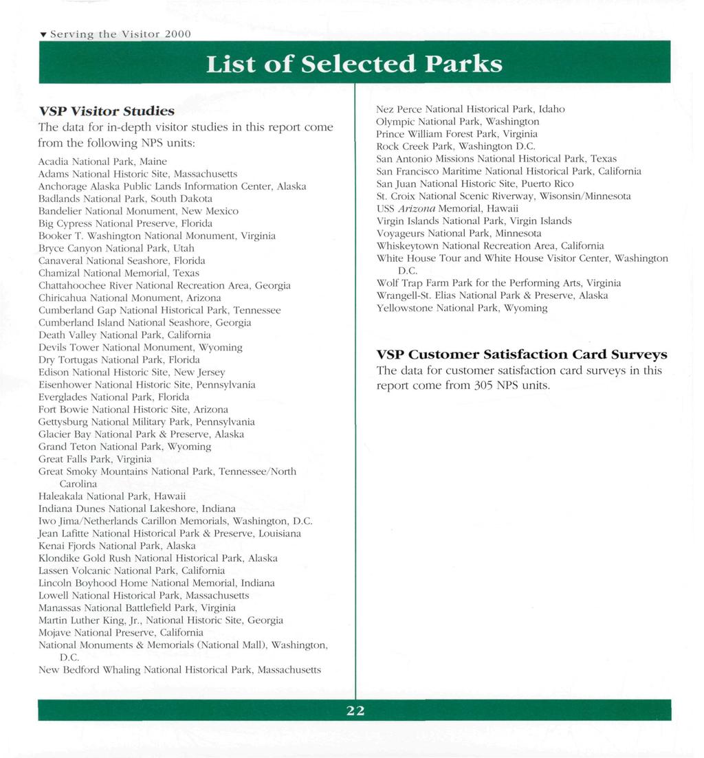 List of Selected Parks VSP Visitor Studies The data for in-deptli visitor studies in this report come from the following NPS units: Acadia National Park. Maine- Adams National Historic Site.