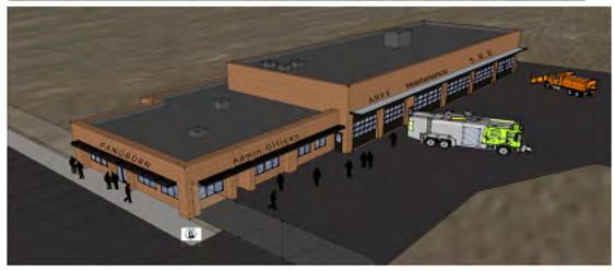 AOB - EAT RENDERING PROPOSED BUILDING ALLOCATION: ARFF: 5,500 to 7,000 SF SRE: 18,000 to 22,000 SF Storage/Materials: 500 SF Staff Operations: 3,000 to 4,500 SF TOTAL: 27,000 to 34,000 SF Airport
