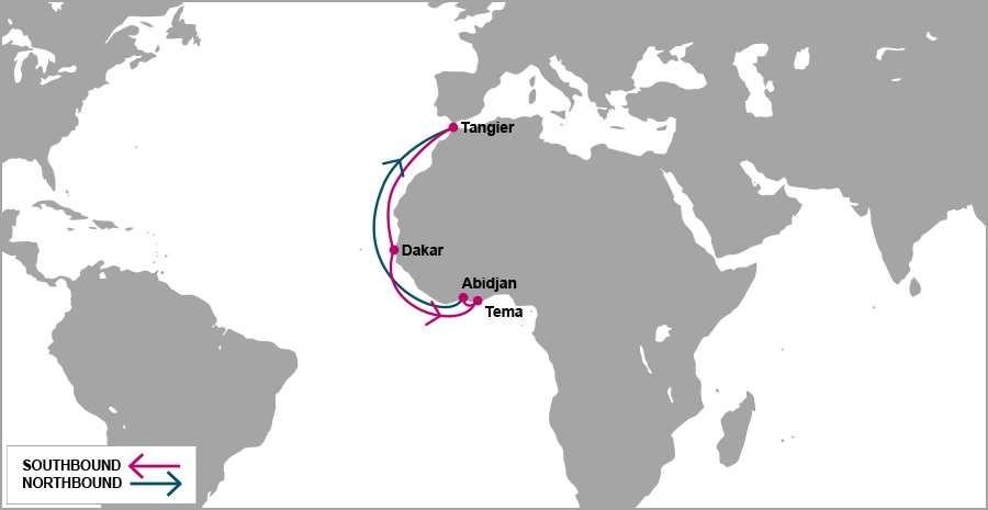 ARS: Africa Rainbow Shuttle Tangier TUE/WED Eurogate Dakar MON/TUE Dp World Dakar Tema SAT/SUN Meridian Port Services Ltd (MPS) Abidjan WED/THU Abidjan Container Termiinal Tangier THU//THU Eurogate