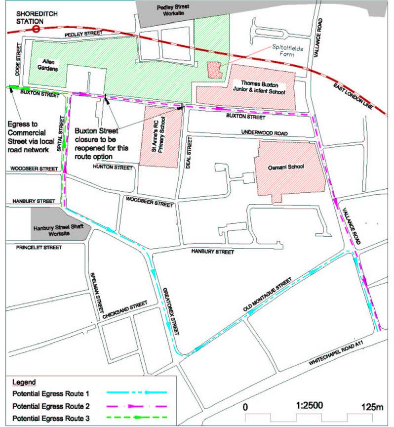 ROUTE WINDOW C8 Figure 9.7 Buxton Street closure at Hunton Street junction 9.42 On Buxton Street the route passes by Allen Gardens, a playground and the Thomas Buxton School on the north side.