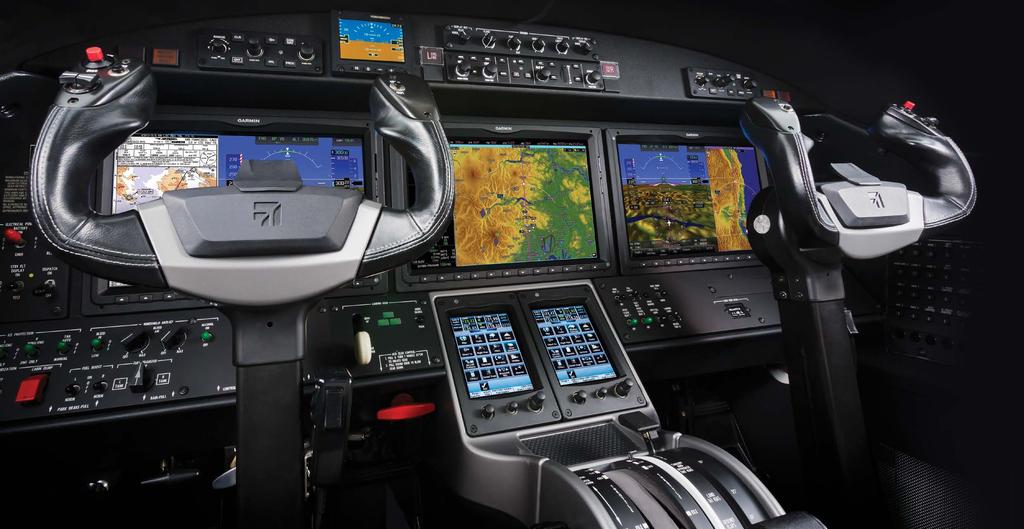 KEEP YOUR EYES ON THE MISSION Featuring user-friendly touch screens, the Garmin G3000 avionics offer intuitive control.