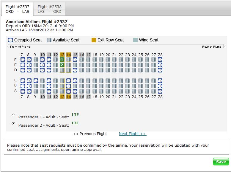 Shown below is a completed seat assignment for Flight 2537 Row 13F and E.