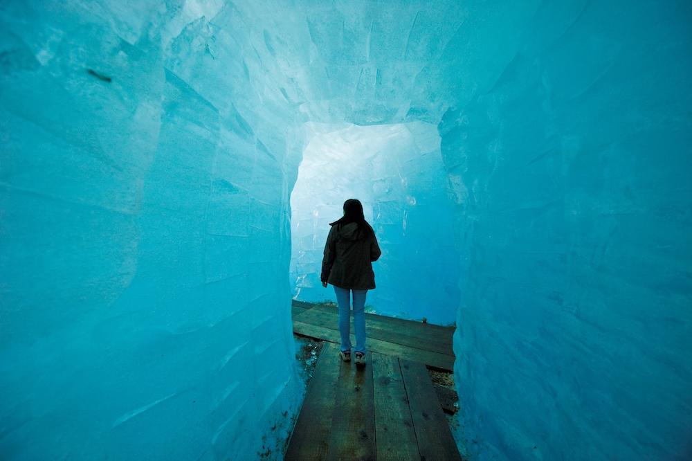 The blankets mainly cover the area closest to the ice cave. In the winter, the sparkly blue tunnel is 348 feet long. By the end of the summer, though, it shrinks by about 12 inches.