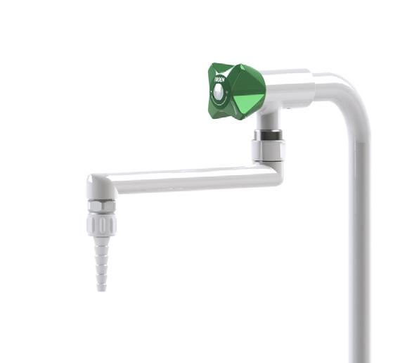 BENCH MOUNTED FITTING ON A COLUMN WITH SWIVEL SPOUT S T = 150mm Handle: Plastic, with media indication according to EN13792 Spout: Full swivel action With plastic handle Hose nozzle: U-shape - fixed
