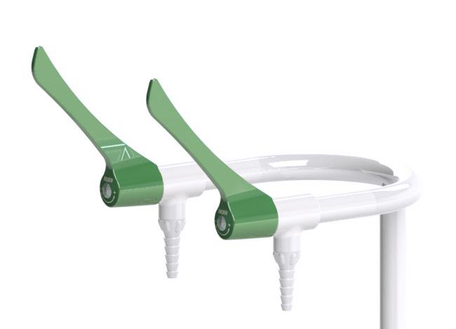 TWO VALVE BENCH MOUNTED FITTING ON A U-SHAPED COLUMN S Handle: Plastic, with media indication according to EN13792 Hose nozzle: Fixed plastic (can be unscrewed by hand, thread: male G3/8) With
