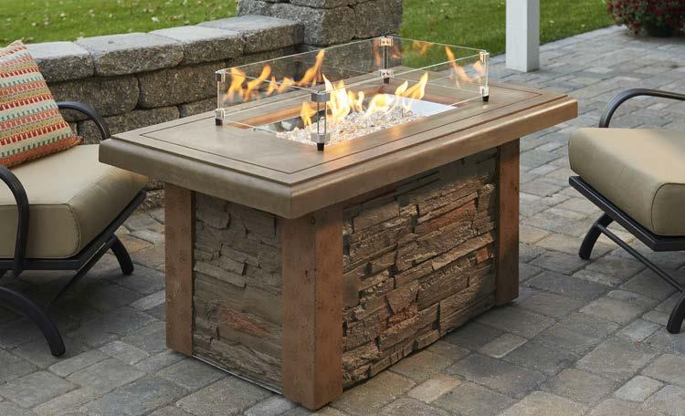 Made in USA Artisan Fire Pit Table Shown with Copper-color Burner, Copper Crushed Glass, & Glass Guard ART-1224-BRN-C with GFC-CRUSH-C &