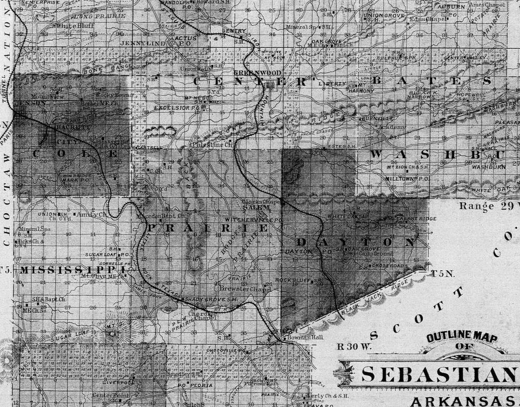 The southern half of Sebastian County as depicted by the 1887 Hayes map.