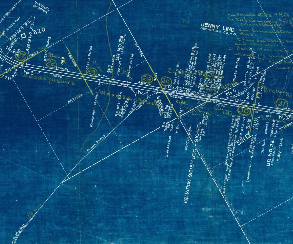 This is a section of an ICC Valuation map of the Jenny Lind area on the Missouri Pacific.