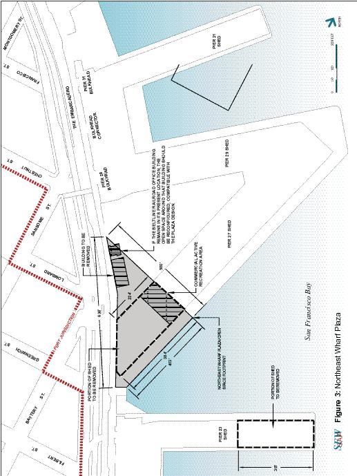 To create this plaza, the Plan calls for removal of approximately 56,000 square feet of the Pier 27 shed and the Pier 27 Annex building, while retaining or relocating the historic Pier 29 Beltline