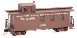 Denver & Rio Grande Western Road Number 0589 This box car red caboose with two window cupola has white Rio Grande speed, white Denver & Rio Grande Western lettering and runs on brown Barber Coleman