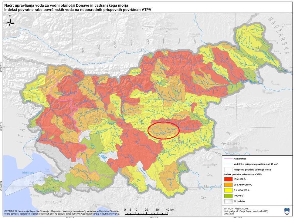 Grozina, I. 2016. Analiza razpoložljivosti in uporaba vode na porečju Mirne 13 Na sliki 13 so prikazani indeksi povratne rabe površinskih voda. Z rdečo barvo je označeno porečje reke Mirne.