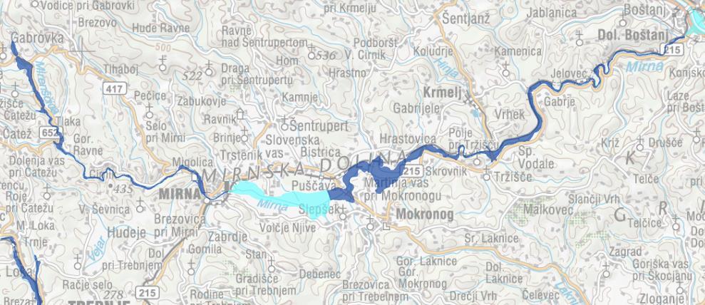Grozina, I. 2016. Analiza razpoložljivosti in uporaba vode na porečju Mirne 31 3.5.5 Območja poplavne nevarnosti Reka Mirna na poti od izvira do izliva v Savo pogosto poplavlja.