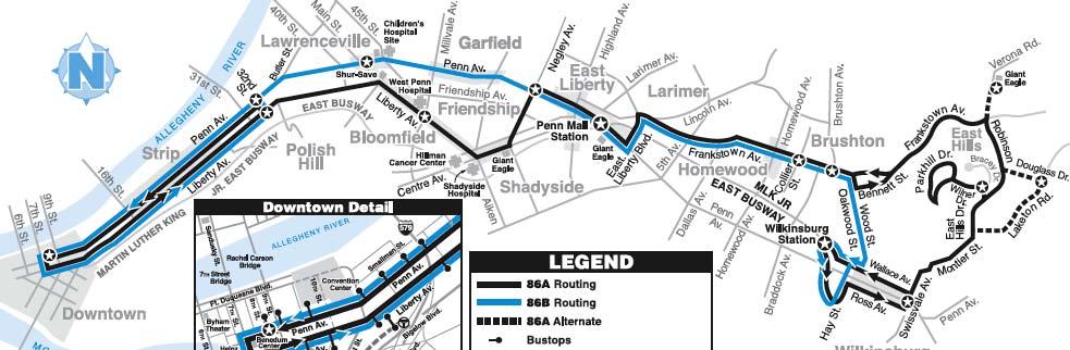 ROUTE 86A EAST HILLS Route 86A is a radial route that operates between Wilkinsburg and downtown Pittsburgh.