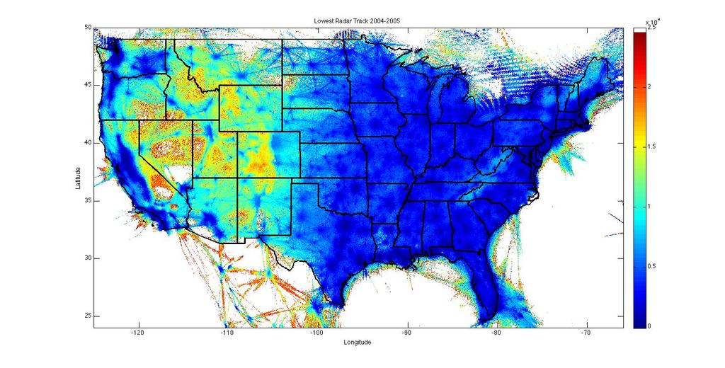 Figure 31: Altitude of Lowest ETMS Track Over United States in 2004-2005 As can be seen, the altitudes of the lowest observed RADAR tracks increase from below 500ft on the East Coast and increase in