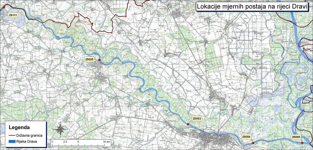 Slika 2.1. Lokacije i oznake vodomjernih postaja na rijeci Dravi Detalji situacije analizirane dionice rijeke Drave od 00+543 rkm do 69+118 rkm dani su u prilozima (Prilog 1. a),b)).