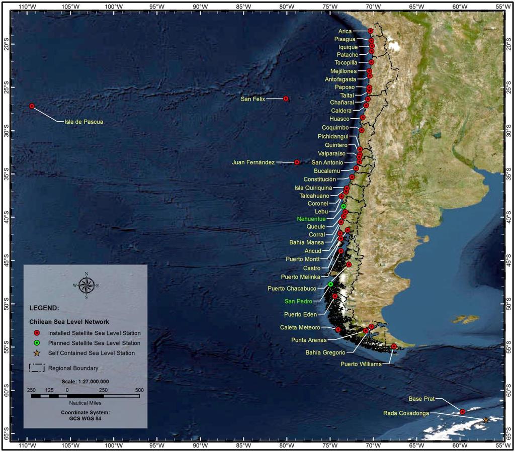 Figure 1: Chilean Sea Level Network The present stations capabilities have allowed us to achieve a reliable network supplying data for operational and scientific purposes.