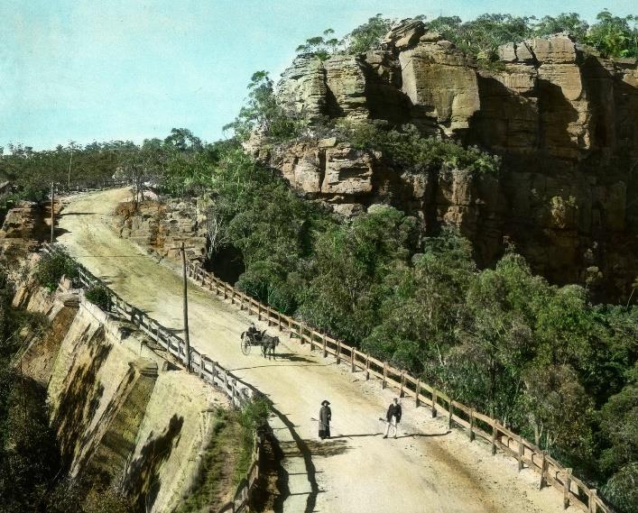 3 Victoria Pass Road -1838 Convict built, descends western side of Blue Mountains. Victoria Pass in 1910. This image is a scan of a tinted black & white print.