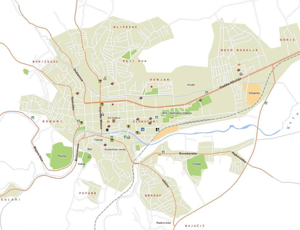 J. Geogr. Inst. Cvijic. 65(2) (215 227) Figure 1. Map of the City of Valjevo (the Tešnjar is in the city center) (Source: http://www.serbiamap.net/maps/mapa_valjevo.